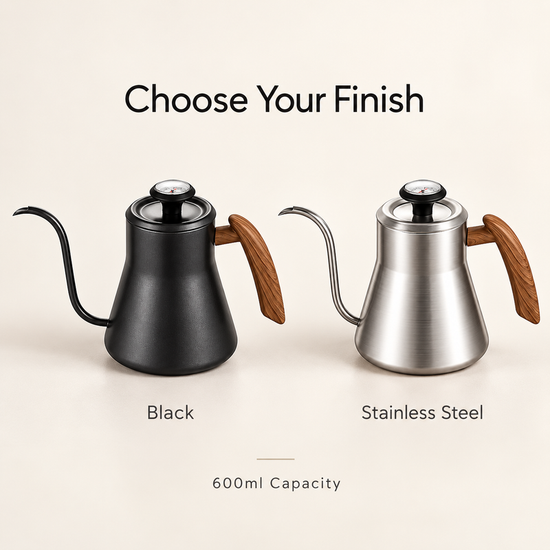 Black and stainless steel finish options for the same 600ml gooseneck kettle