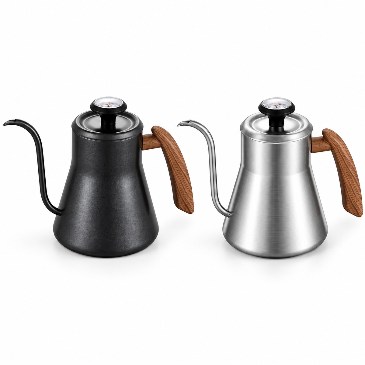 Black and silver Yozcoffee 600ml gooseneck kettles with lid thermometers on a white background