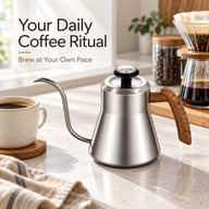 Silver 600ml stainless steel gooseneck kettle with thermometer in a home coffee station