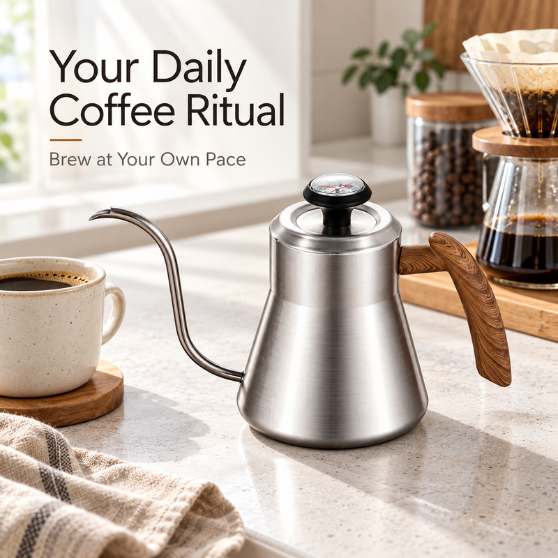 Silver 600ml stainless steel gooseneck kettle with thermometer in a home coffee station