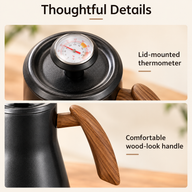 Close-ups of the lid-mounted analog thermometer and wood-look handle