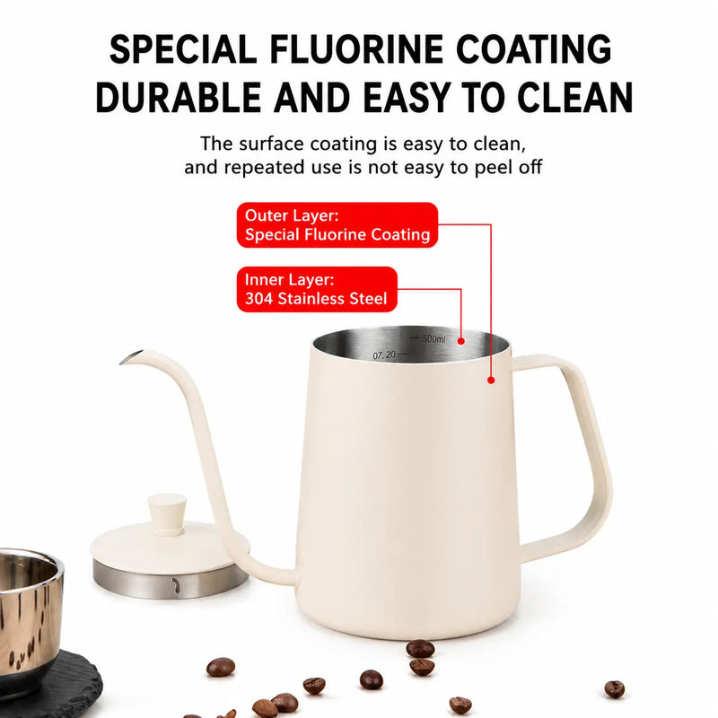 Gooseneck Pour Over Kettle 350ml Stainless Steel 5mm Spout: fluorine-coated interior