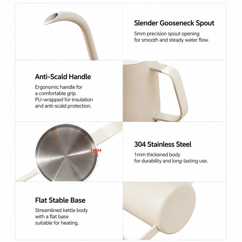 Gooseneck Pour Over Kettle 350ml Stainless Steel 5mm Spout: side features