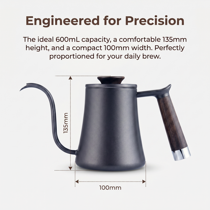 Yozcoffee gooseneck pour over kettle spec graphic showing 600ml capacity and compact dimensions