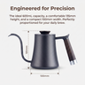 Yozcoffee gooseneck pour over kettle spec graphic showing 600ml capacity and compact dimensions