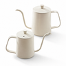 Cream gooseneck pour-over kettle with lid shown from front and side on a white background