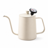 Cream gooseneck kettle with analog thermometer inserted into the lid on a white background
