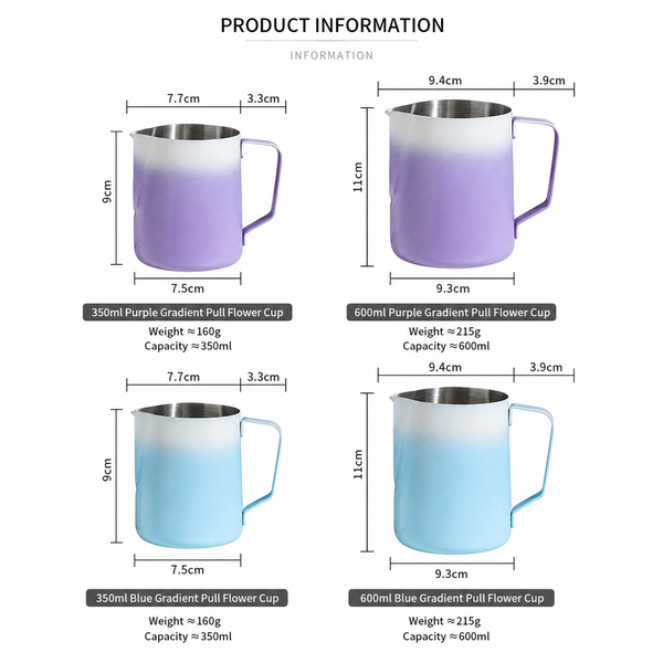 Alternate view of Yozcoffee gradient milk frothing pitcher size chart showing blue and purple options in 350ml and 600ml capacities
