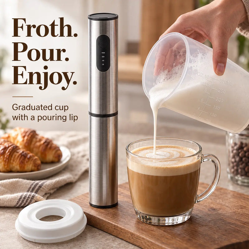Pouring frothed milk from the Yozcoffee graduated cup into a glass of coffee