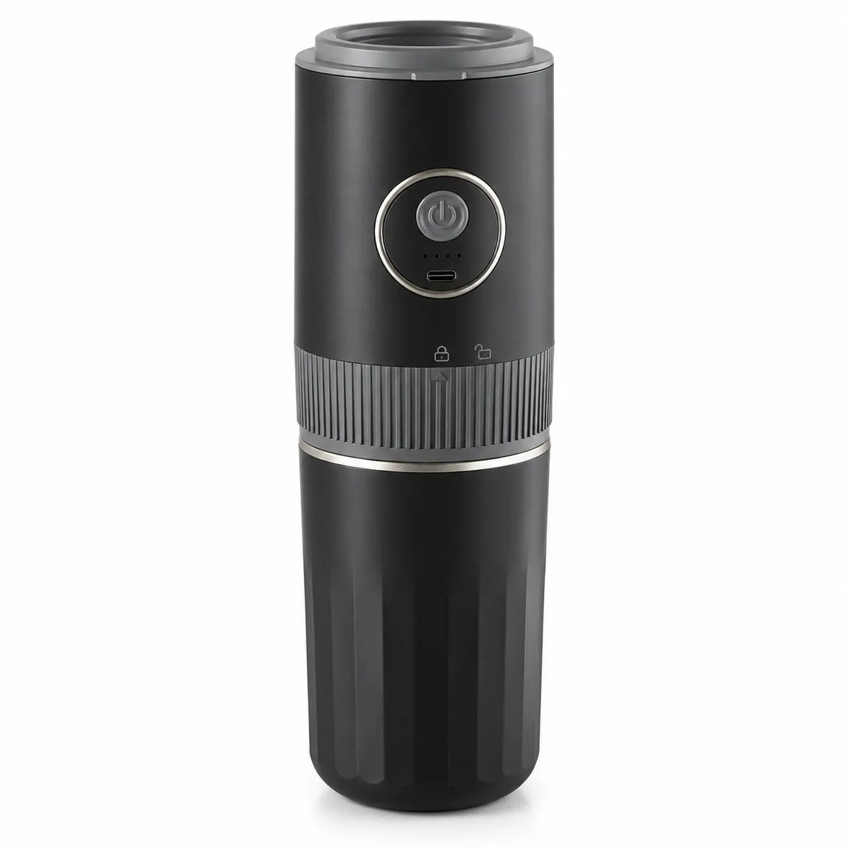 Black portable electric coffee grinder and brewer on a white background