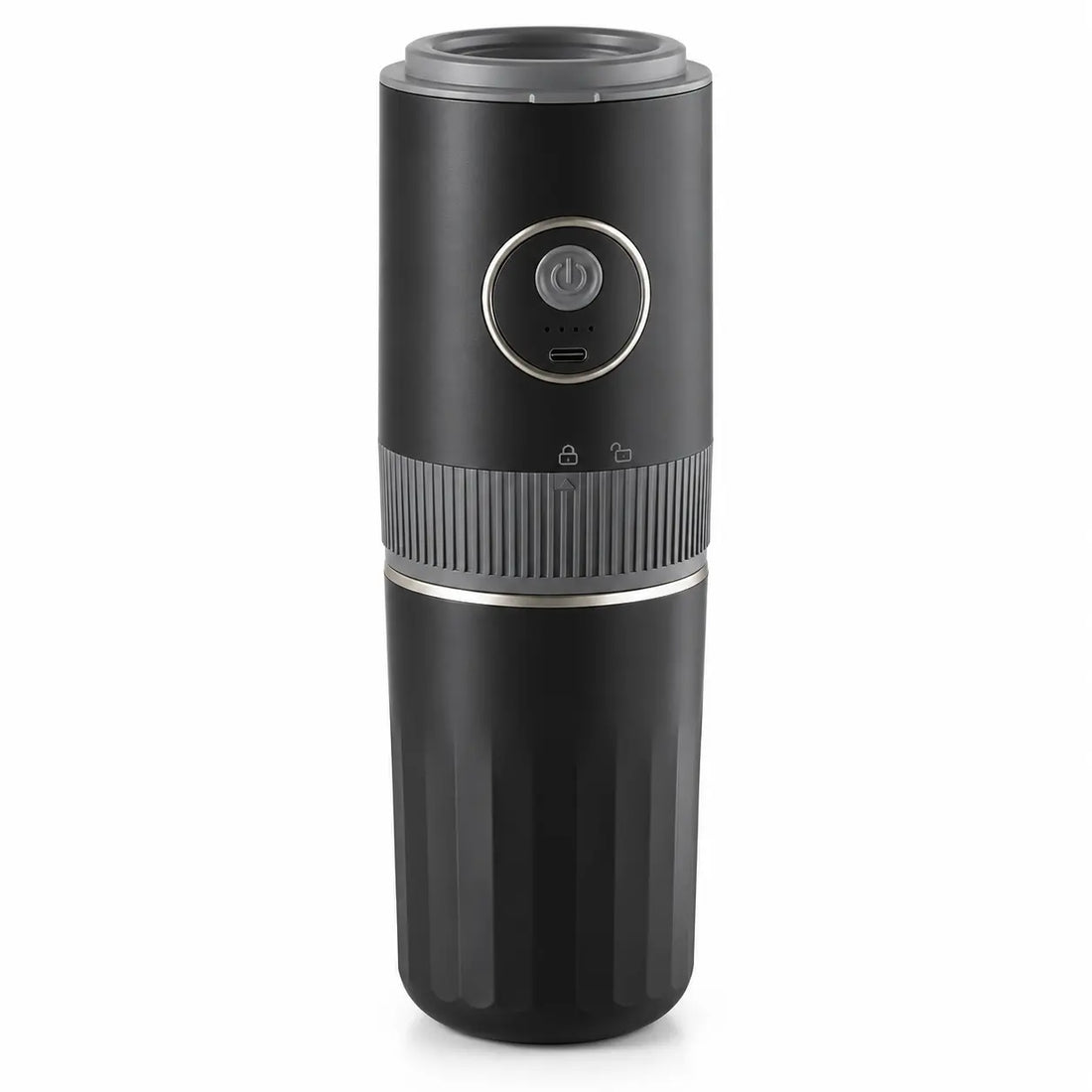Black portable electric coffee grinder and brewer on a white background
