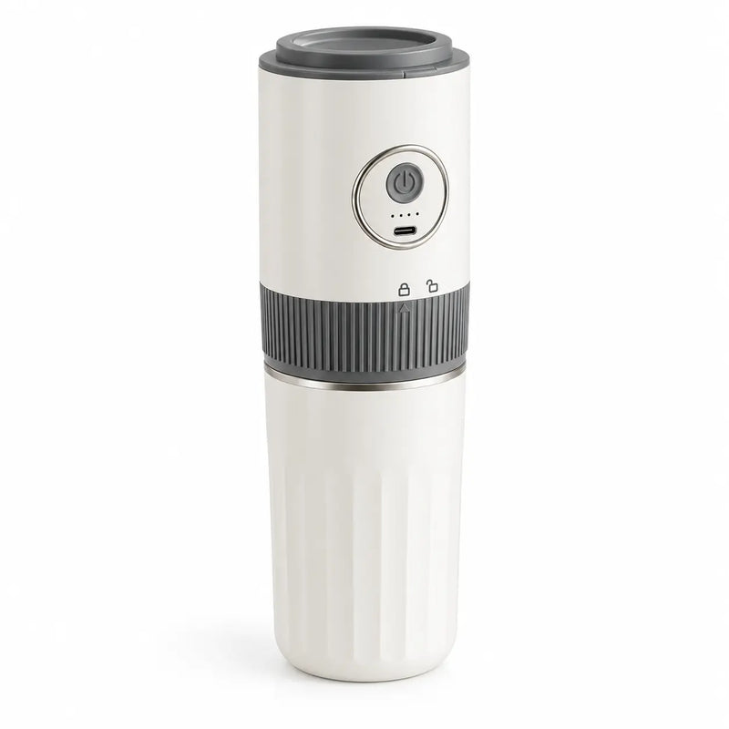 White portable electric coffee grinder and brewer on a white background