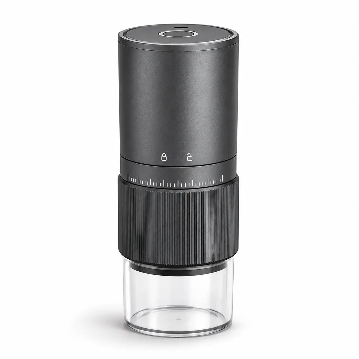 Gray Yozcoffee 35-setting electric burr coffee grinder on a white background