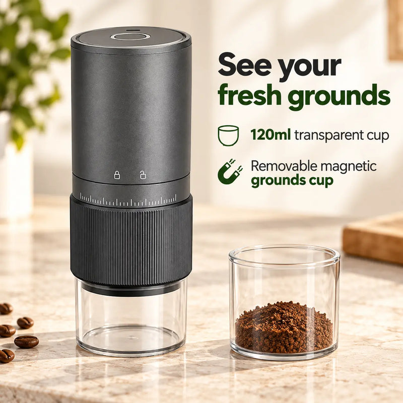 120ml transparent removable magnetic grounds cup on the Yozcoffee electric grinder