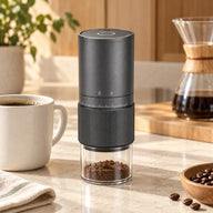 Yozcoffee cordless electric coffee grinder at a home pour-over coffee station