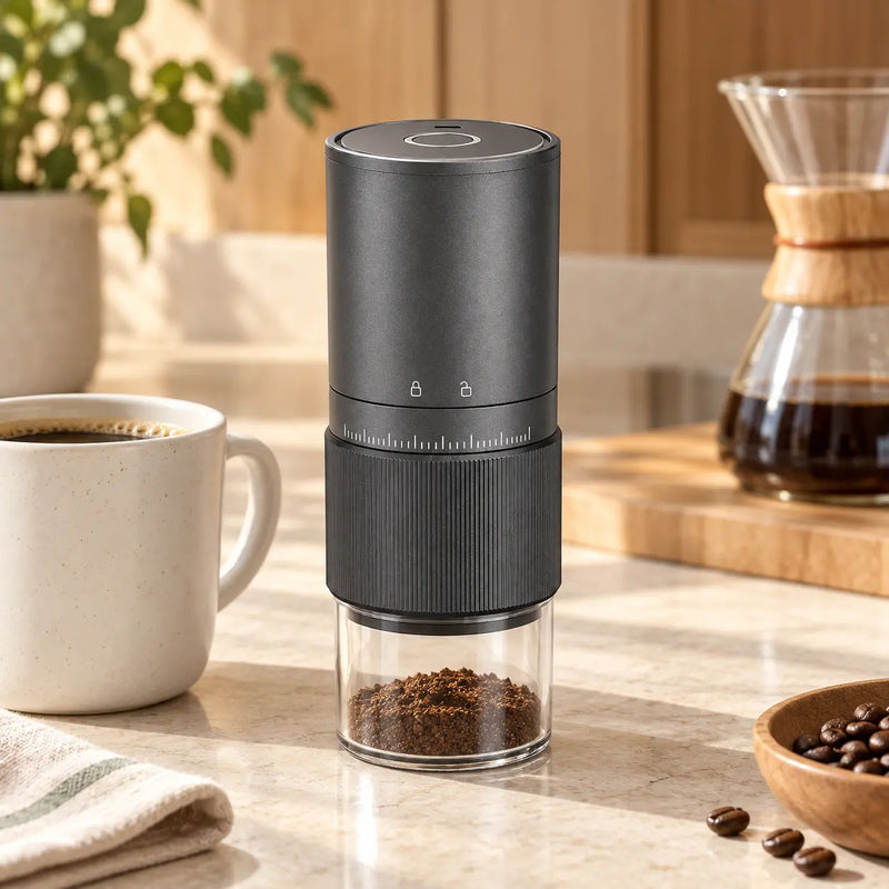 Yozcoffee cordless electric coffee grinder at a home pour-over coffee station