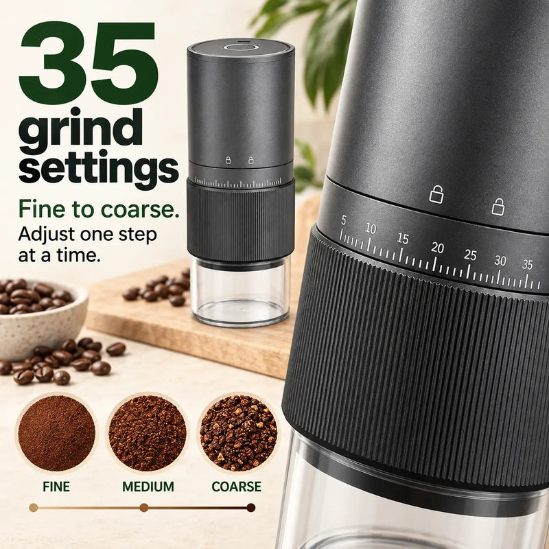 35 external grind settings from fine to coarse on the Yozcoffee electric grinder