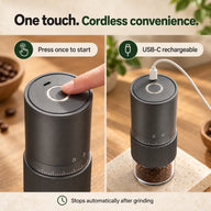 One-touch start, automatic stop and USB-C charging on the Yozcoffee electric grinder