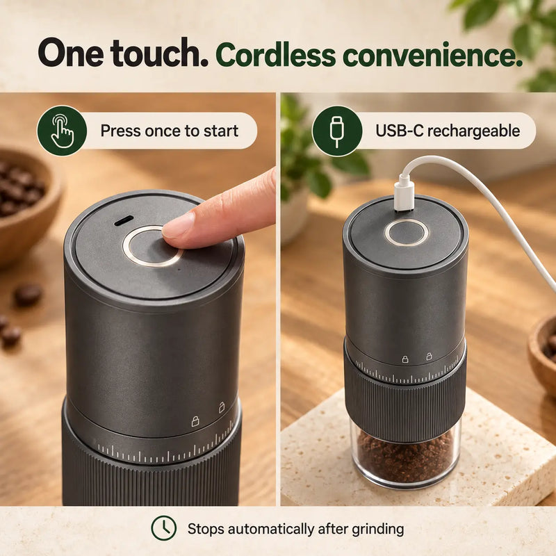 One-touch start, automatic stop and USB-C charging on the Yozcoffee electric grinder