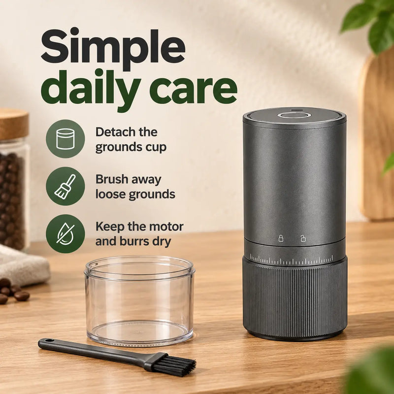 Detached grounds cup and cleaning brush with instructions to keep grinder motor and burrs dry