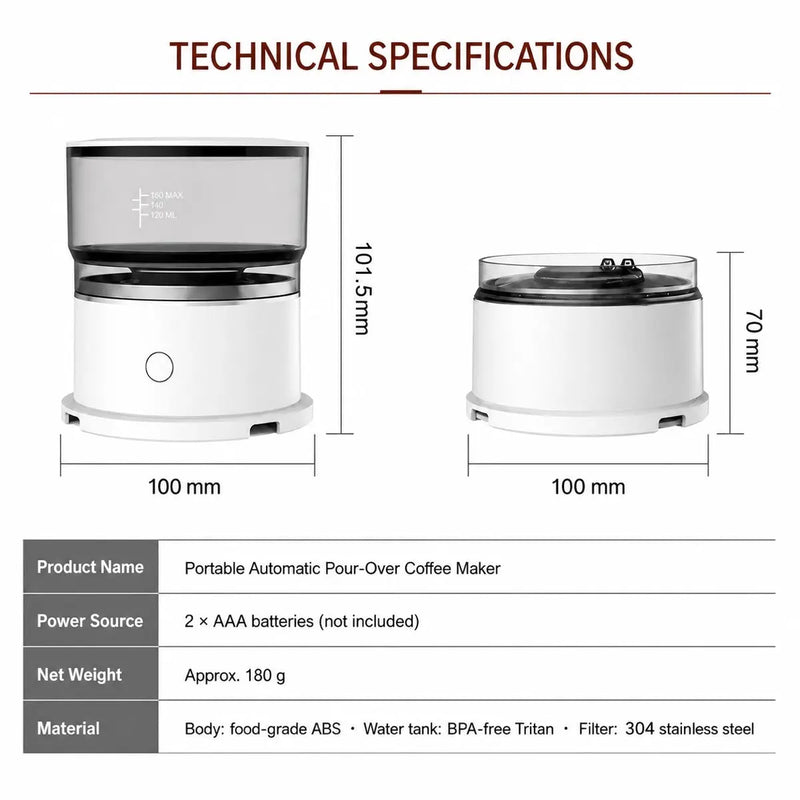 Yozcoffee portable automatic pour-over coffee maker dimensions and material specifications
