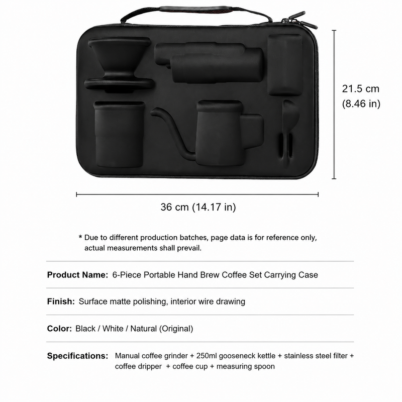 Open black carry case with fitted slots for grinder, kettle, dripper, cup, scoop, and 36 x 21.5 cm size chart