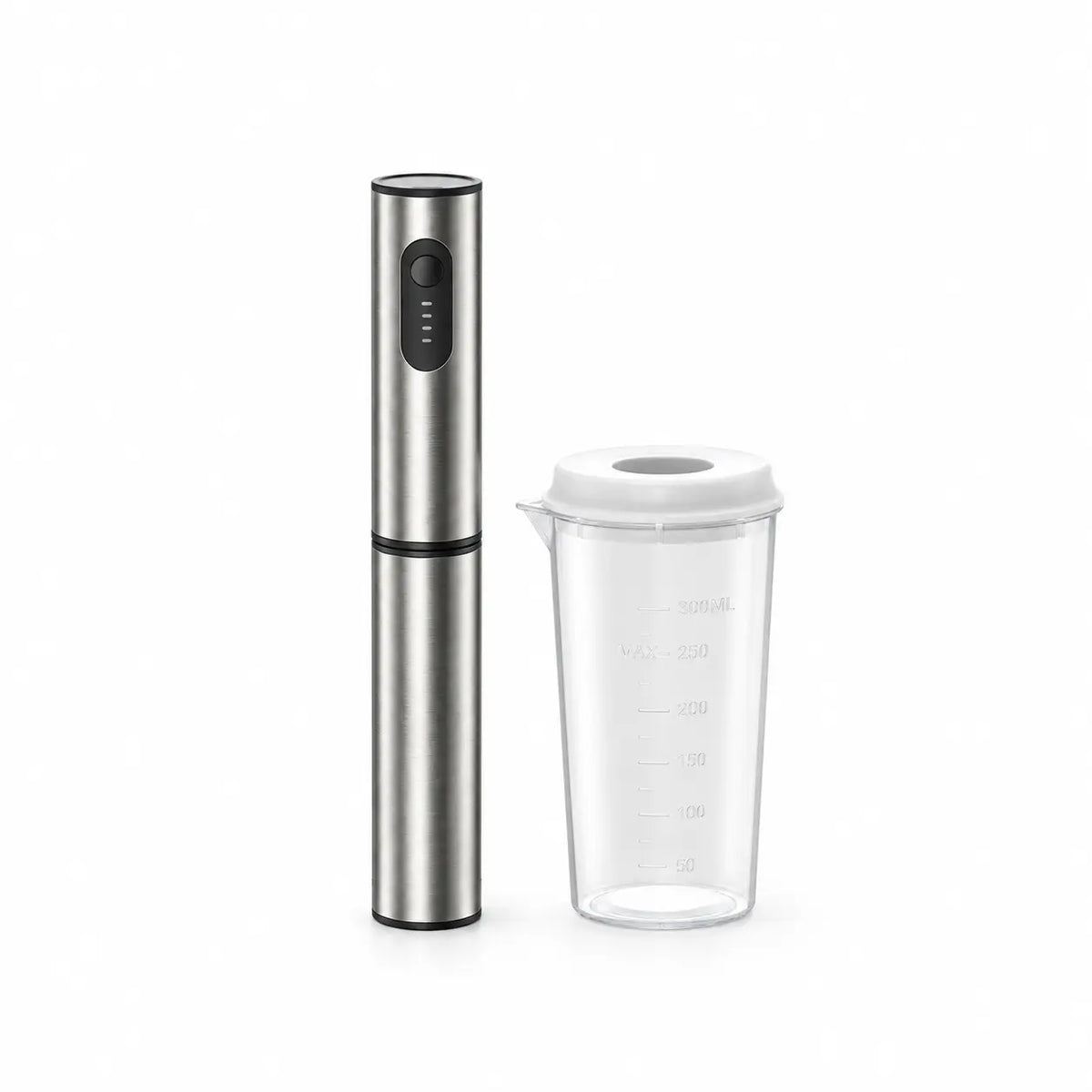 Yozcoffee silver handheld milk frother with storage sleeve and graduated cup on a white background