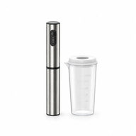 Yozcoffee silver handheld milk frother with storage sleeve and graduated cup on a white background