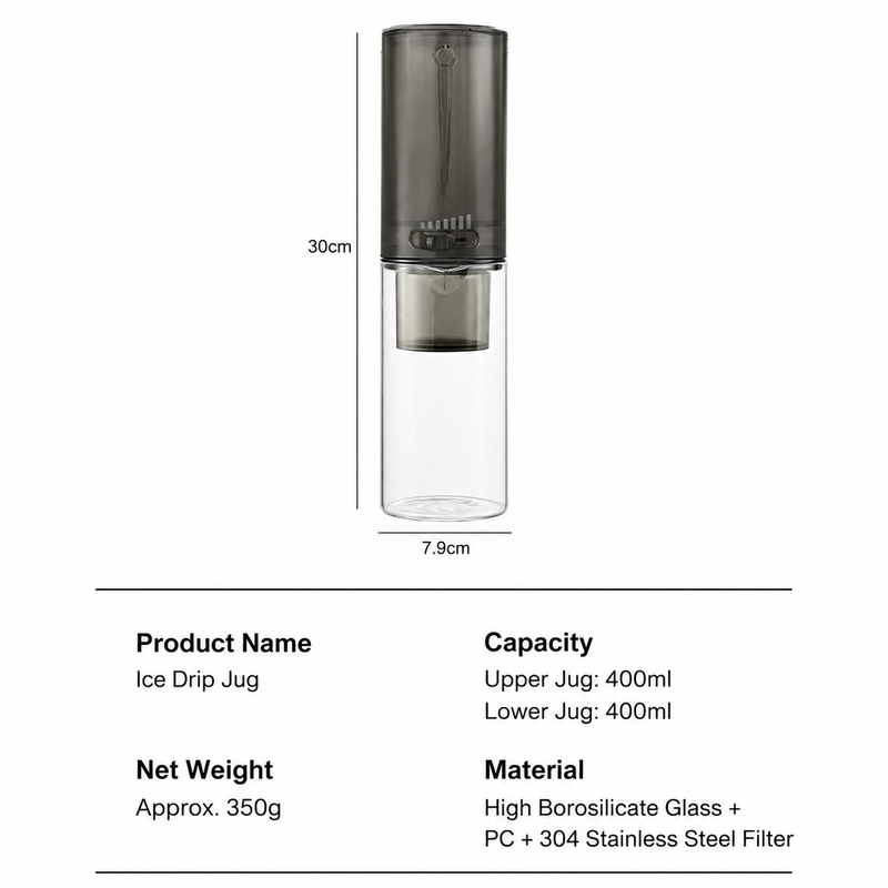 Yozcoffee ice drip jug dimension chart and product specification graphic