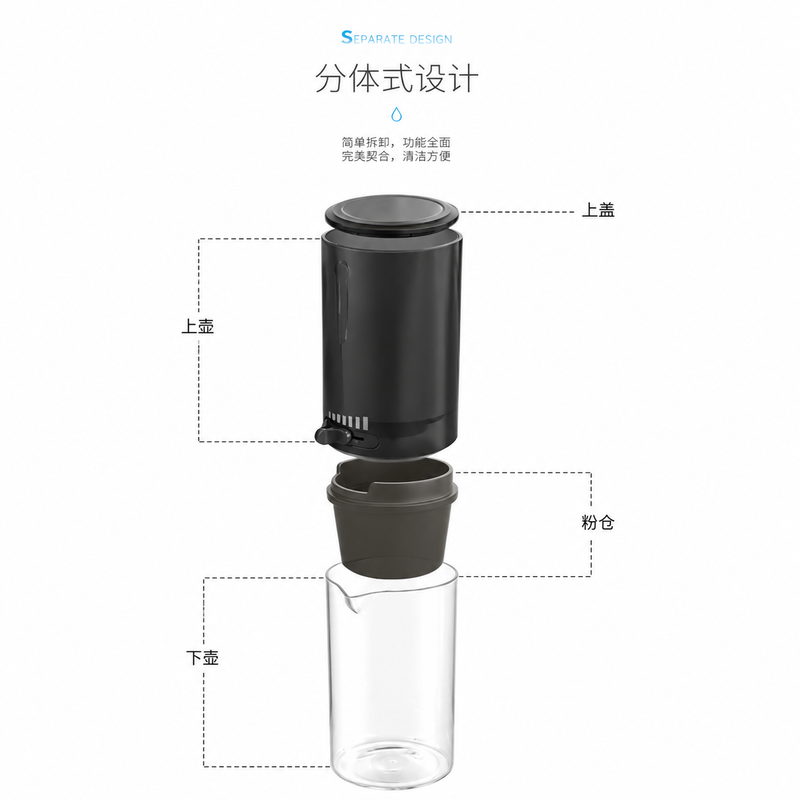 Alternate view of Yozcoffee ice drip jug separate design showing the upper lid, brew chamber, and lower jug