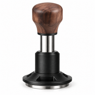 Yozcoffee spring-loaded impact espresso tamper with black walnut handle on white background