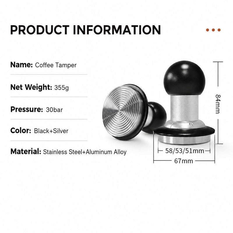 Yozcoffee espresso tamper product information showing 58mm fit, 30 bar pressure, and aluminum alloy construction