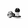 Yozcoffee 58mm impact espresso tamper on white background with black handle and stainless steel base