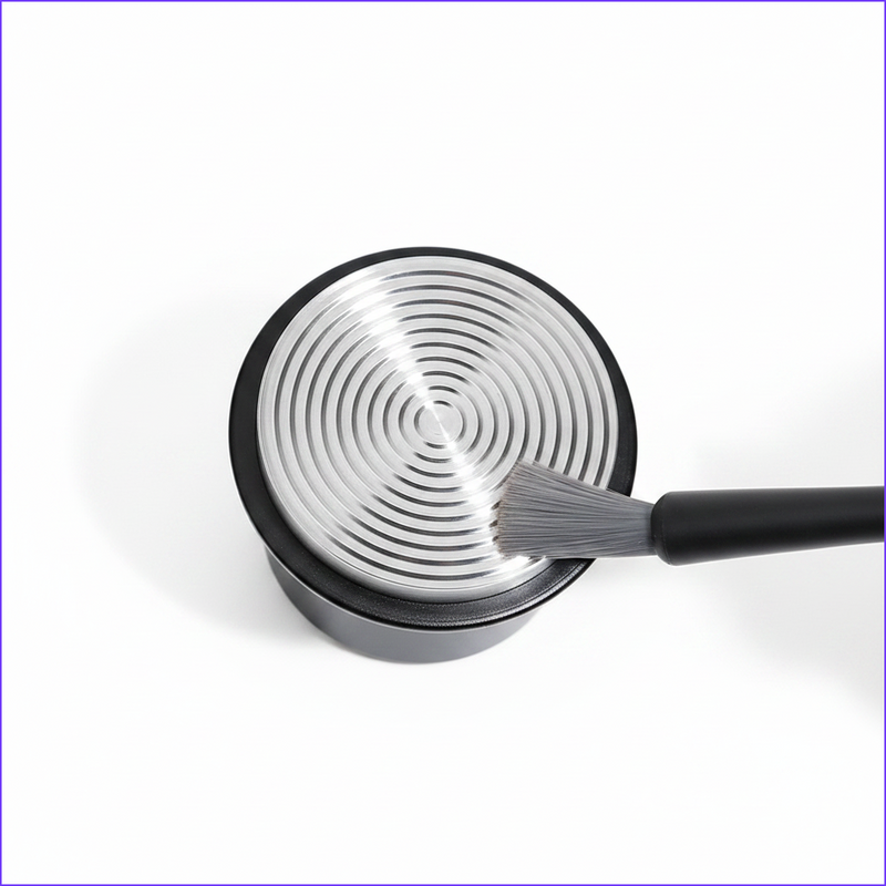 Yozcoffee 58mm impact espresso tamper top view with black handle and concentric base pattern