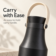 Black bottle lid and beige carry handle with round side pivots