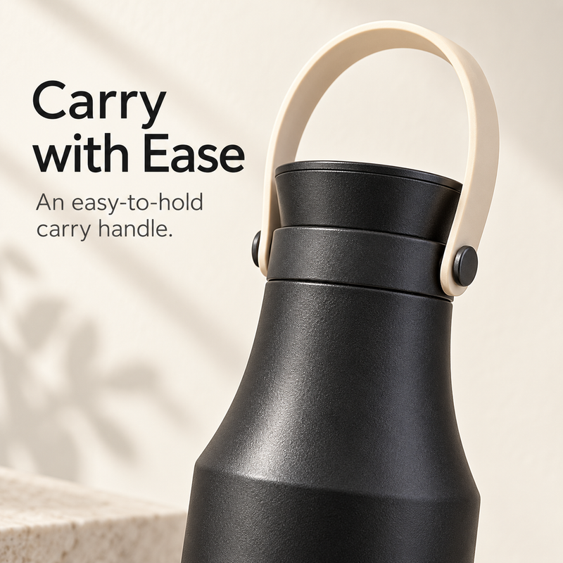 Black bottle lid and beige carry handle with round side pivots