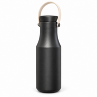 Black insulated bottle with beige carry handle on a white background