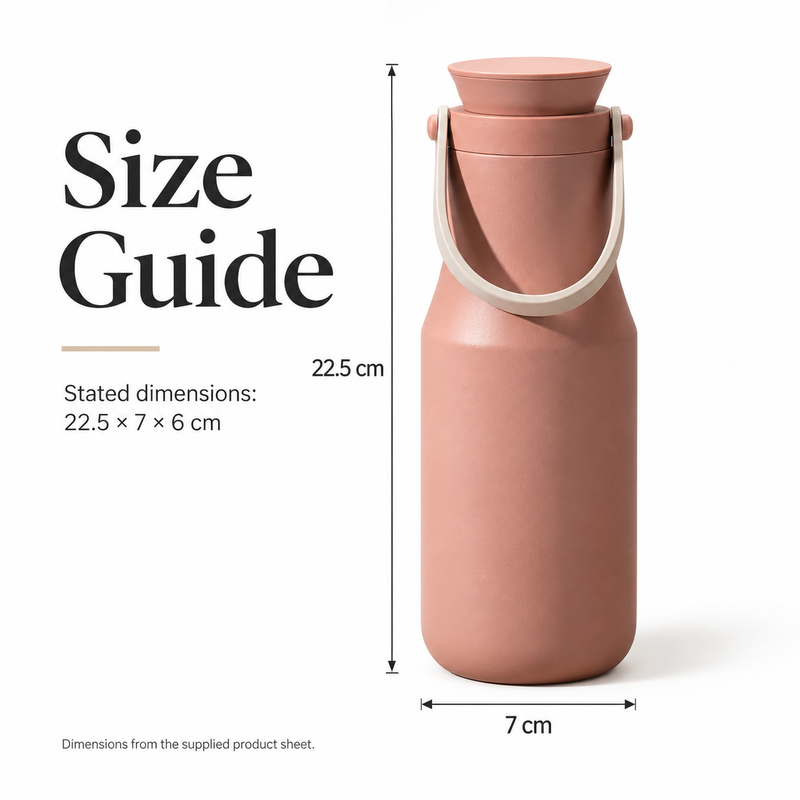 Peach insulated bottle size guide showing 22.5 cm height and 7 cm width