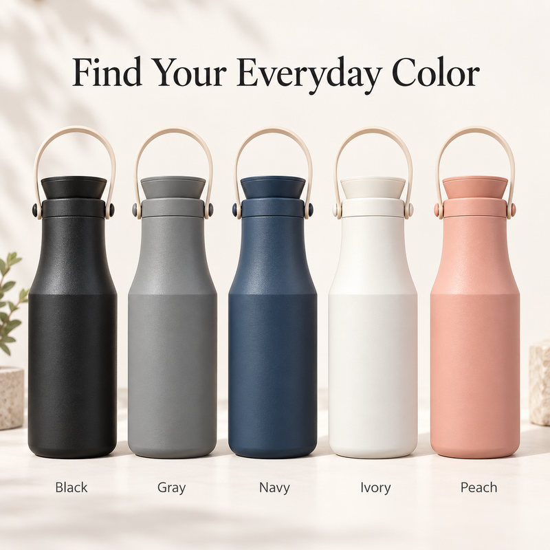 Insulated bottles in Black, Gray, Navy, Ivory and Peach