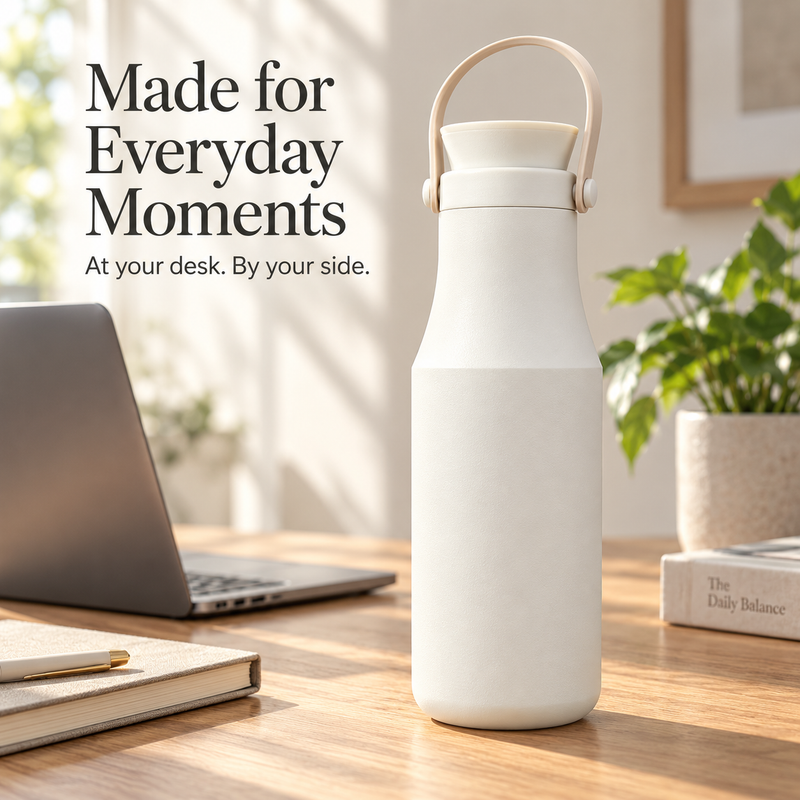 Ivory Yozcoffee insulated bottle on a sunlit desk beside a laptop