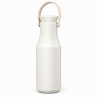 Ivory Yozcoffee insulated stainless steel bottle with beige carry handle on white