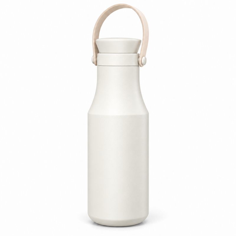 Ivory Yozcoffee insulated stainless steel bottle with beige carry handle on white