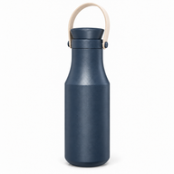 Navy Yozcoffee insulated stainless steel bottle with beige carry handle on white