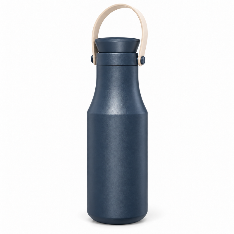 Navy Yozcoffee insulated stainless steel bottle with beige carry handle on white
