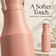 Close-up of the peach bottle's matte finish and contoured shoulder