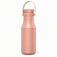 Peach Yozcoffee insulated stainless steel bottle with beige carry handle on white