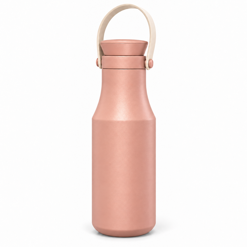 Peach Yozcoffee insulated stainless steel bottle with beige carry handle on white