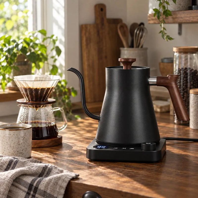 Black Yozcoffee electric gooseneck kettle beside a pour-over coffee brewer