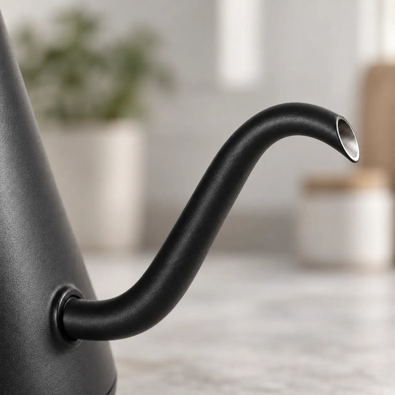 Close-up of the black Yozcoffee kettle curved gooseneck spout