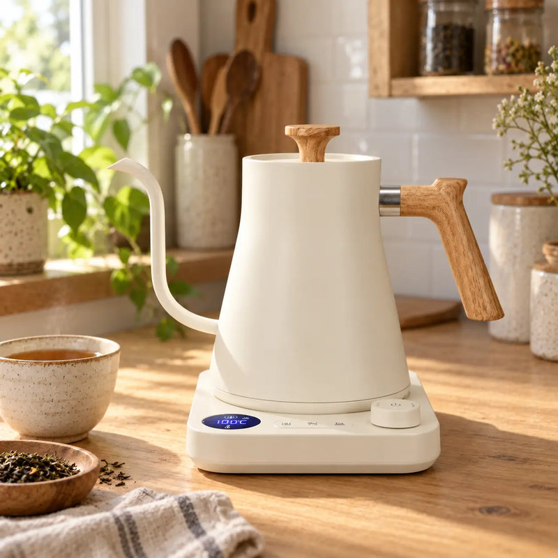 Ivory Yozcoffee electric gooseneck kettle with a cup of tea in a sunlit kitchen